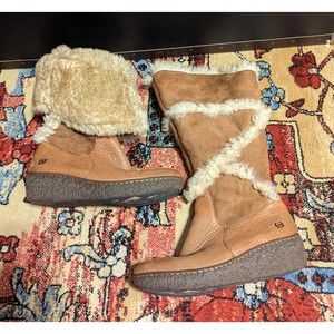 Women Born Tall Sheepskin Lined Leather Side-Zip Boots Brown 7.5 /38.5 Shearling